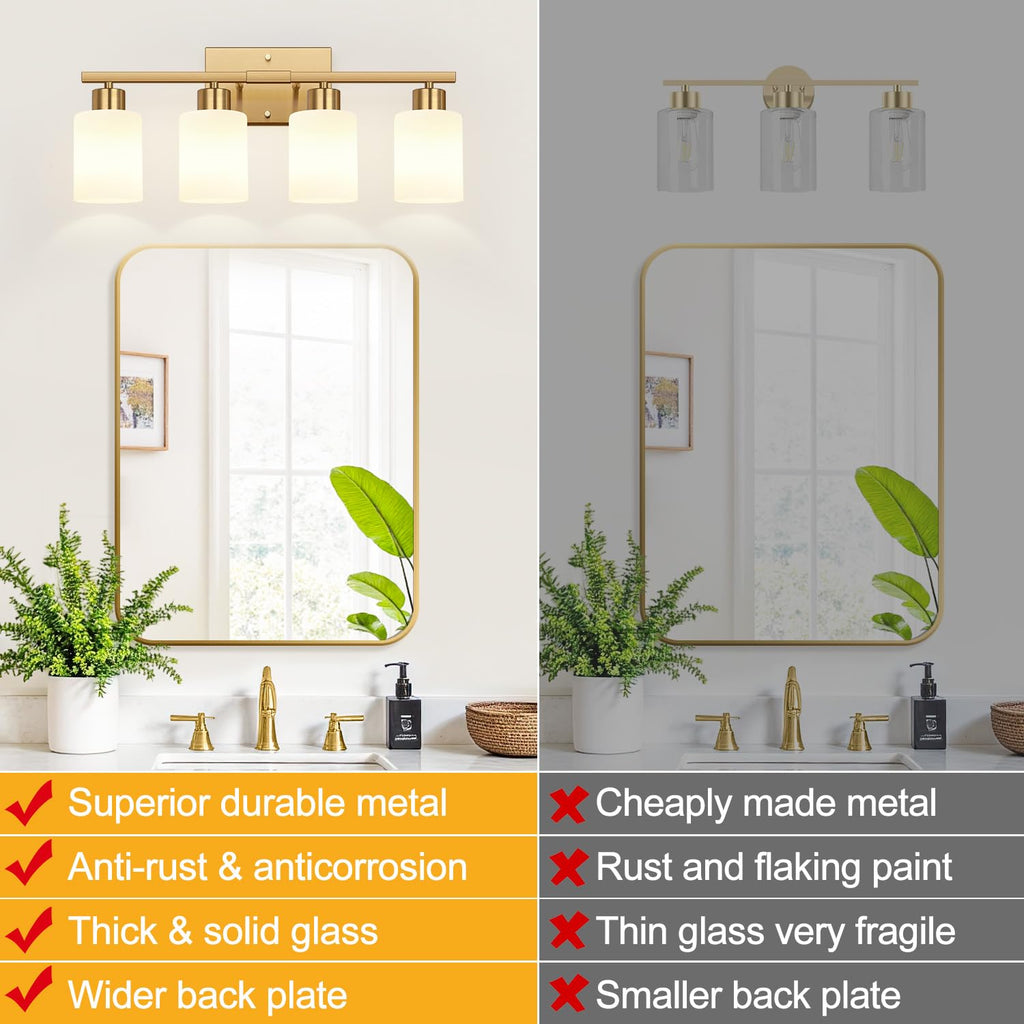 4-Light Bathroom Light Fixtures, Brushed Gold Vanity Light with Milky White Frosted Glass Shades, Modern Bathroom