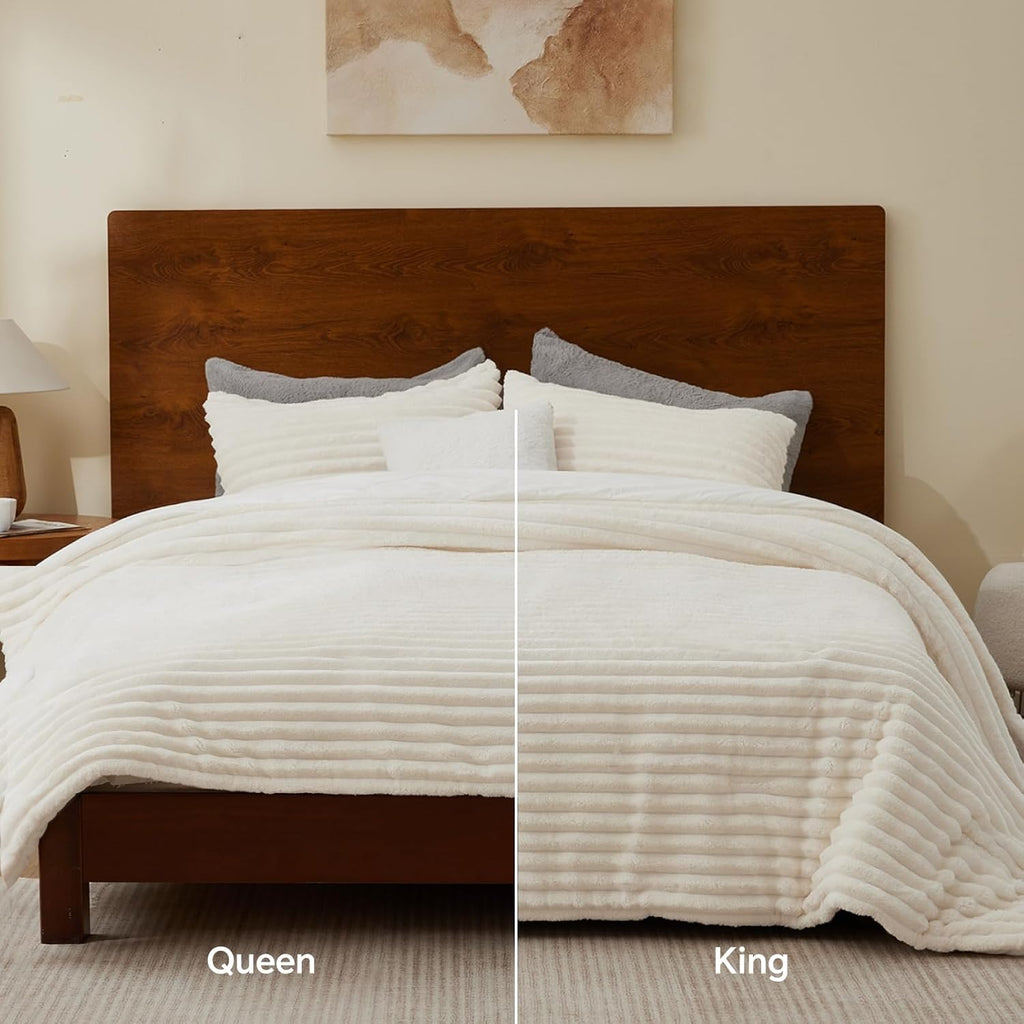 Fleece Comforter Set-Super Soft & Warm Fluffy Cream White Bedding