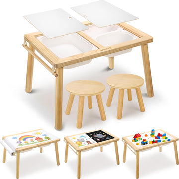Sensory Table and 2 Chairs Set, Toddler Table with 3 Storage Bin FSC