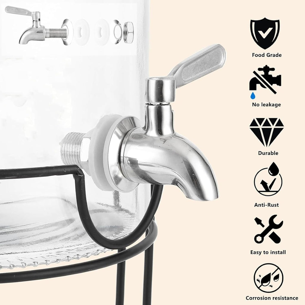 2 Gallon Glass Beverage/Drink Dispenser with Stand, Lid & Ice Core | Leakproof 18/8 Stainless Steel Spigot | Mason