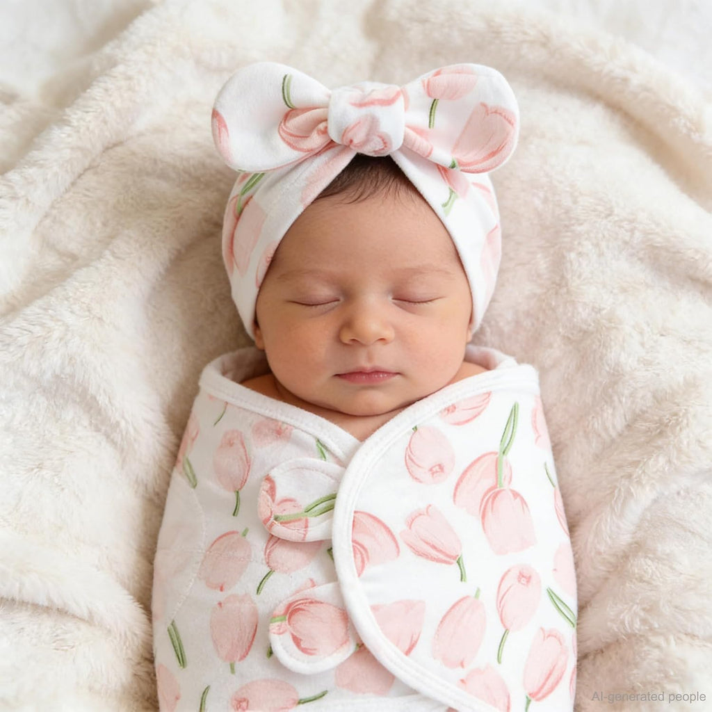 Pack Baby Swaddles for Newborns with Bow Hat Pink/Heart/Tulips