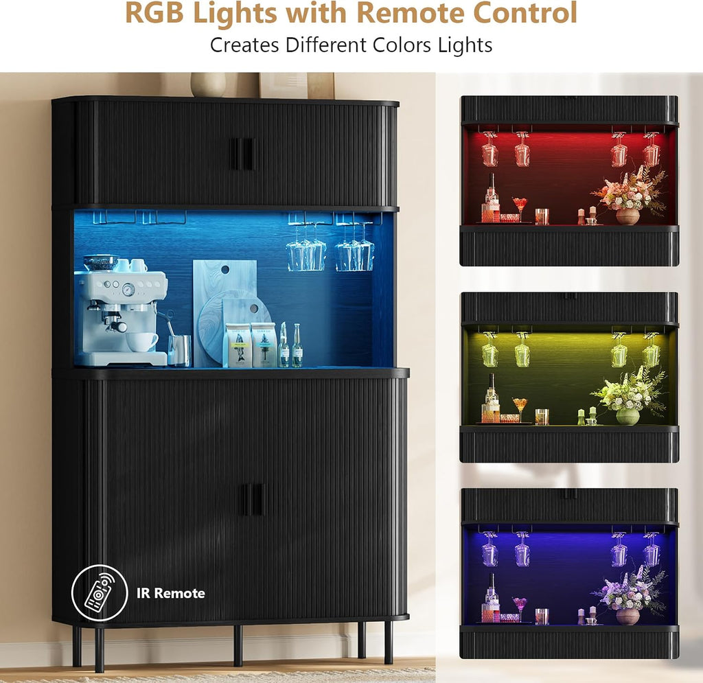 71" Tall Fluted Wine Bar Cabinet with Storage Black | Liquor Cabinet, Coffee Bar Cabinet, Large Home Bar, with LED