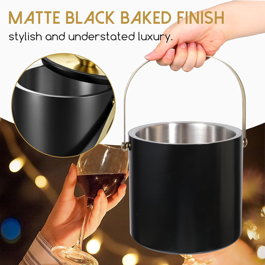 3L Modern Insulated Ice Bucket with Silicone Lid, Scoop, Strainer Double Wall Insulated Stainless Steel Ice-Bucket