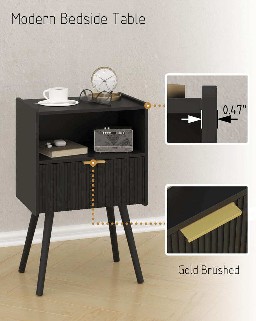 Black Nightstand, Modern Bedside Table with Storage Drawer and Open Wood Shelf, and Small Spaces, Accent Night Stand