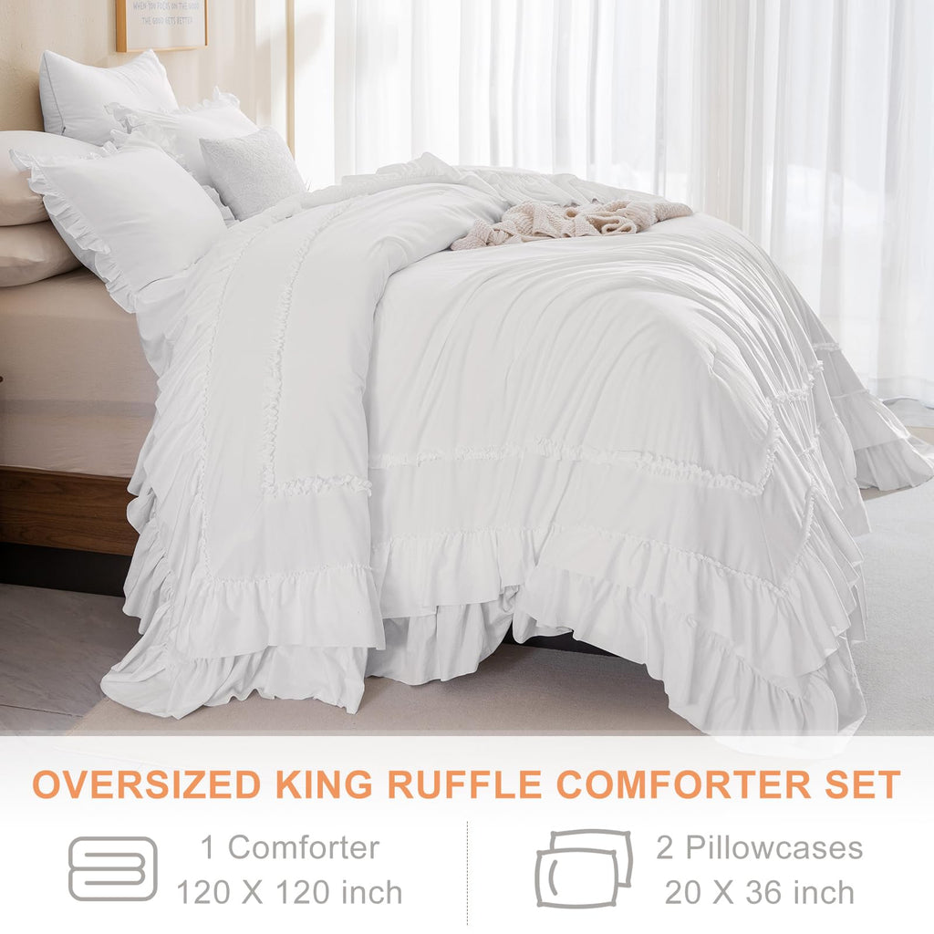3PCs Natural White Ruffled Comforter 120x120, Shabby Boho Chic Farmhouse Ruffle Bed Comforter Set