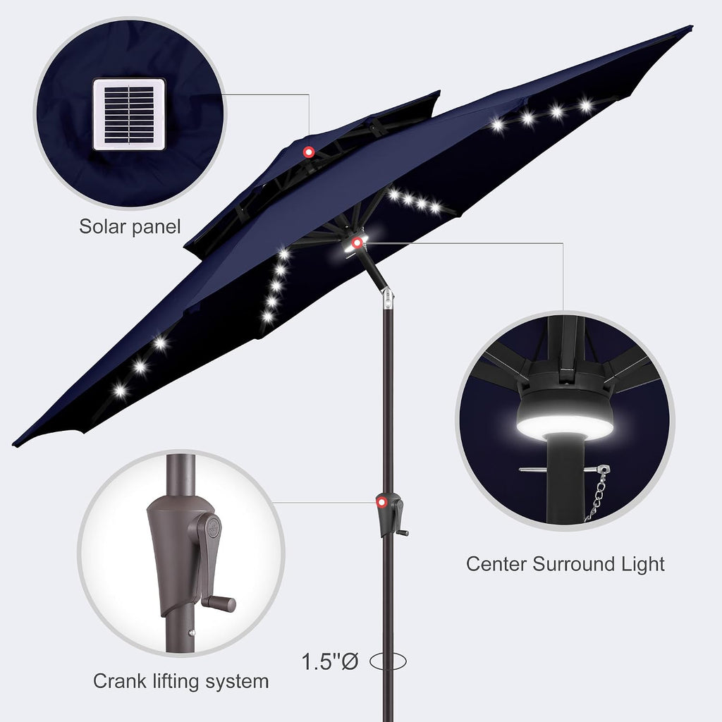 9ft Solar Umbrella Outdoor - 2 Tiers Lighted Solar Patio Umbrella with 40 LED Lights Waterproof UV Protection