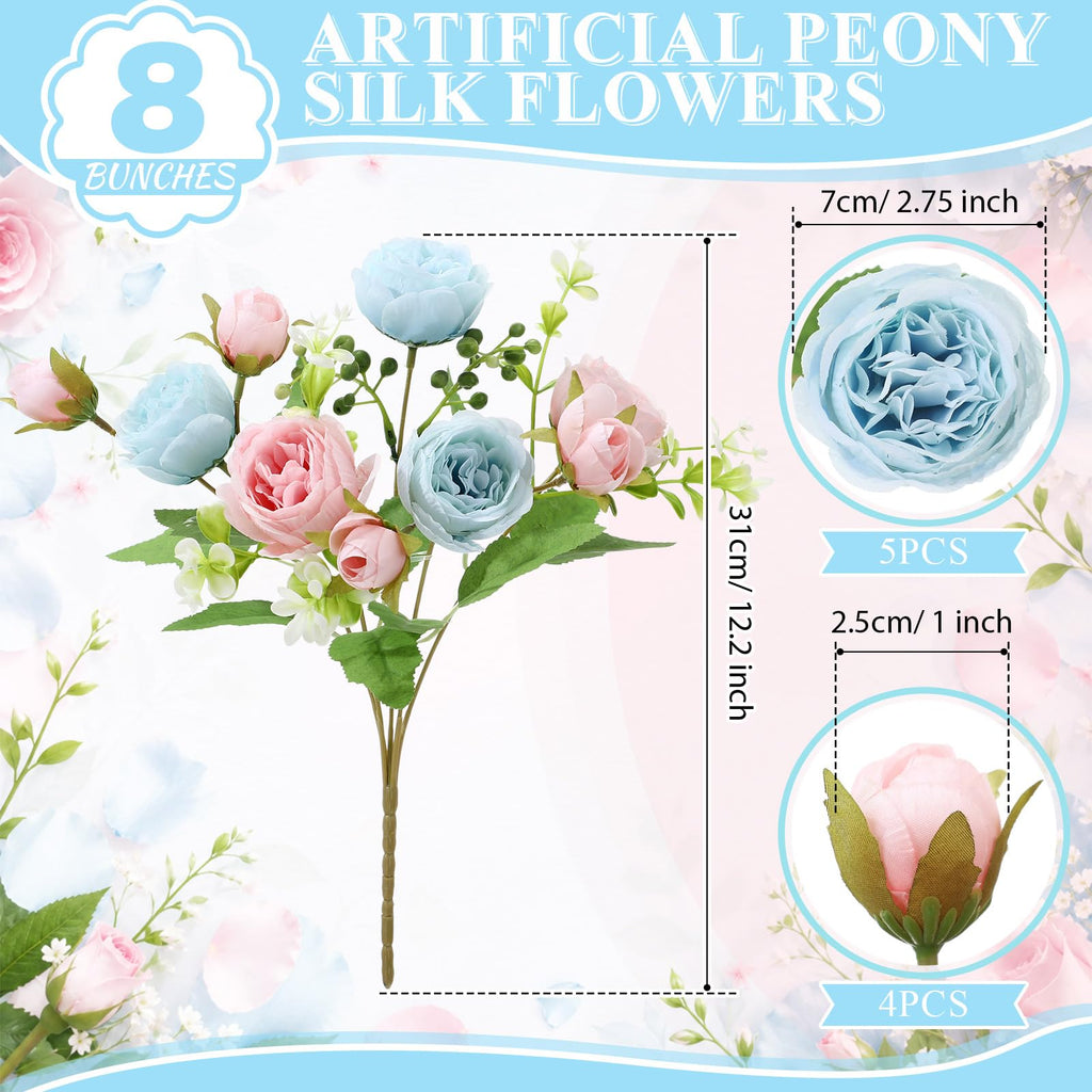 8 Bundles Artificial Peony Centerpiece Flowers, Blue Pink