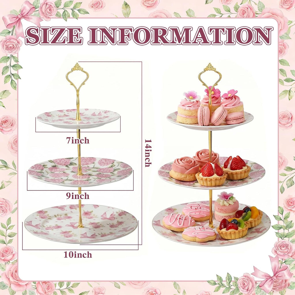 3 Tier Pink Floral Cake Stand Ceramic Coquette Dessert Stand with Gold Metal Rack Shabby Hydrangea Bow Cupcake Tower