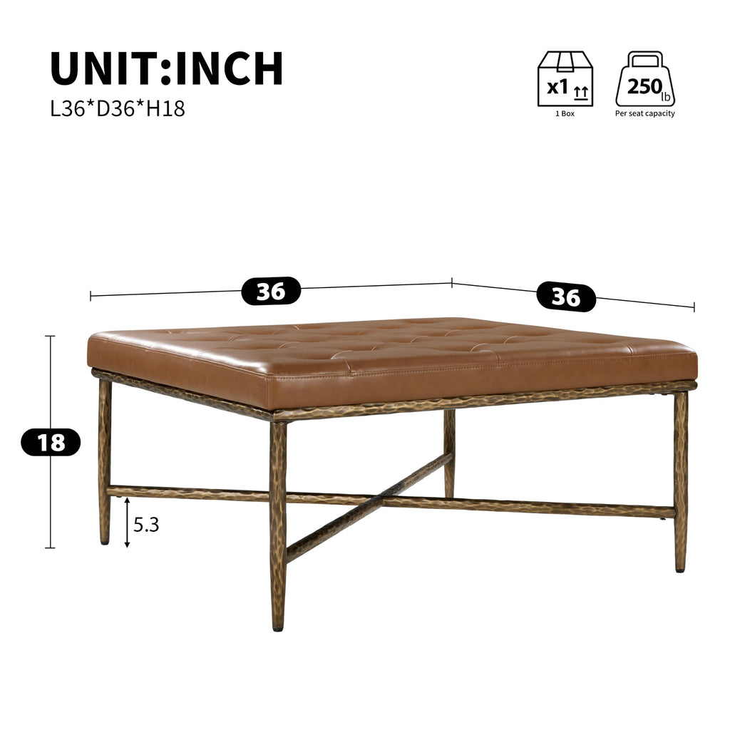 36" Square Tufted Ottoman Coffee Table, PU Leather Footstool (Brown)