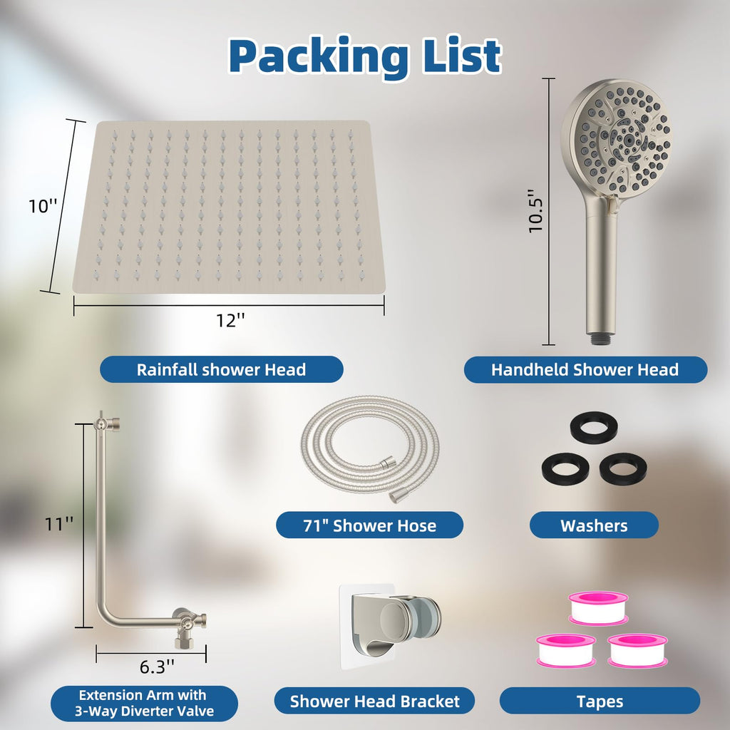 12" Metal Rainfall Shower Head with 10-Mode Handheld, Brushed Nickel