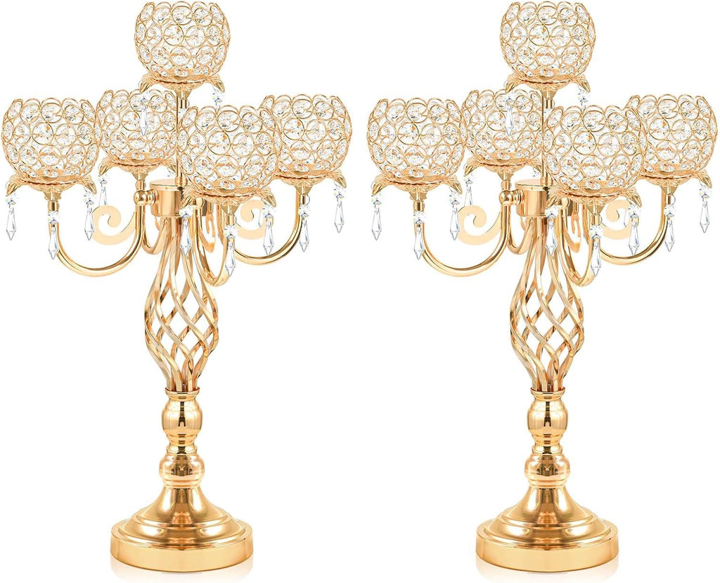 5-Arm Crystal Candelabra Centerpiece 23.2" Tall - Elegant Candle Holder Stand with Crystal Bowl, Chic Table Decor for