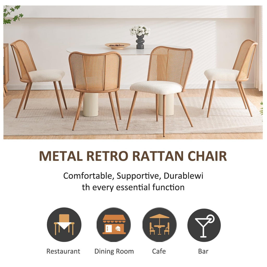 Rattan Dining Chairs Set of 4, Modern Chairs with Cane Back Upholstered Boucle Kitchen Chairs Armless Side Chair with