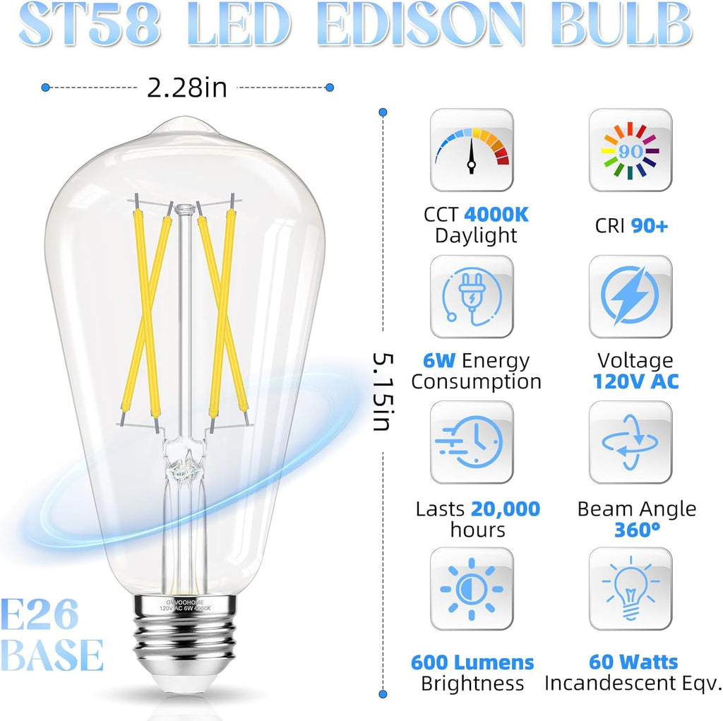 Edison Bulbs 60 watt Equivalent LED, E26 LED Bulb Non-Dimmable, 4000K Daylight White, ST58 Vintage Light Bulbs, 90+