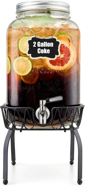 2 Gallon Beverage Dispenser with Stand and Lid, 18/8 Stainless Steel Spigot - Mason Jar Drink Dispensers with Lids