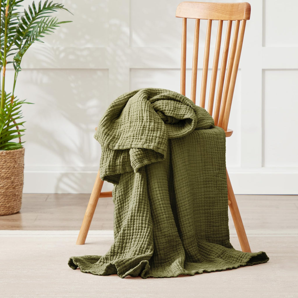 100% Cotton Muslin Blanket for Adults, 6-Layer Large Throw, 50x70, Olive