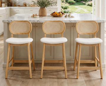Rattan Bar Stools Set of 3, Upholstered Farmhouse Barstools with Woven Back, Boho Wood Kitchen Island Chairs, Comfy