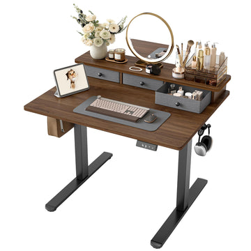 Small Standing Desk with 3 Drawers, 32" Computer Desk Vanity, Walnut