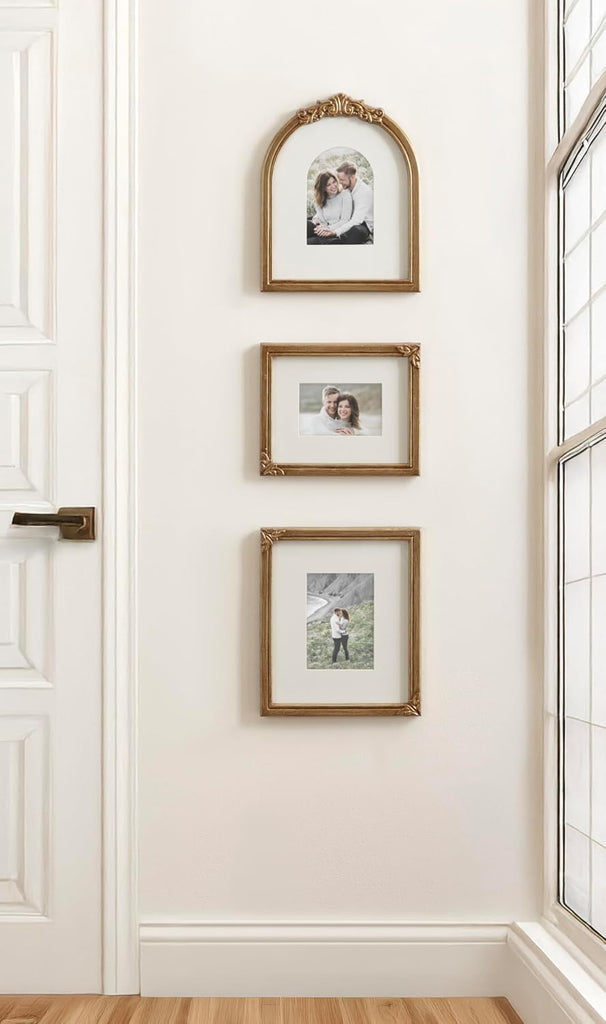 Arendahl Three-Piece Picture Frame Set, Antique Gold, Set of 3, Varying Sizes, Vintage Rectangle and Arched Photo