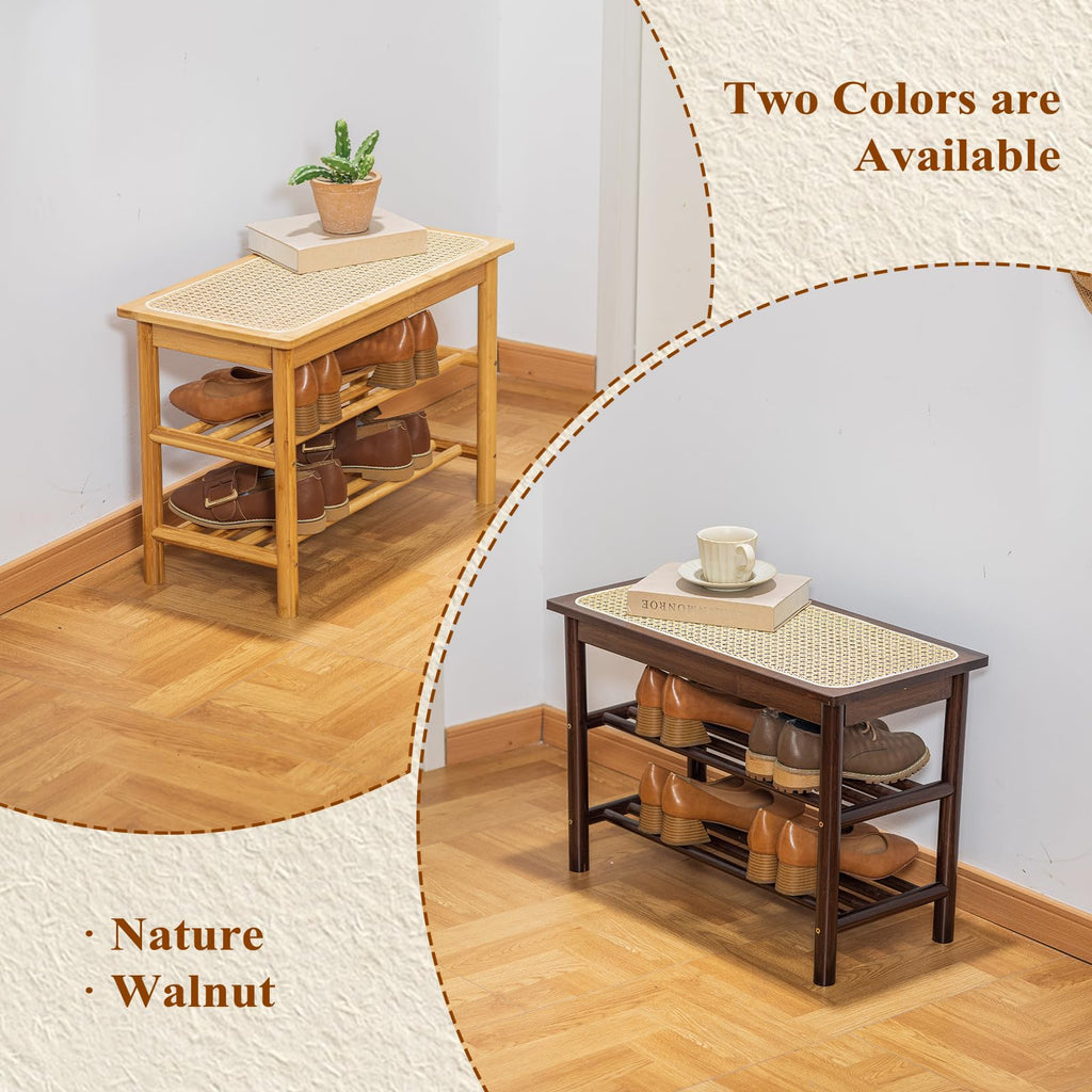Bamboo Entryway Bench with Woven Rattan Seat, 2-Tier Shoe Storage Bench 31.5 inches Walnut