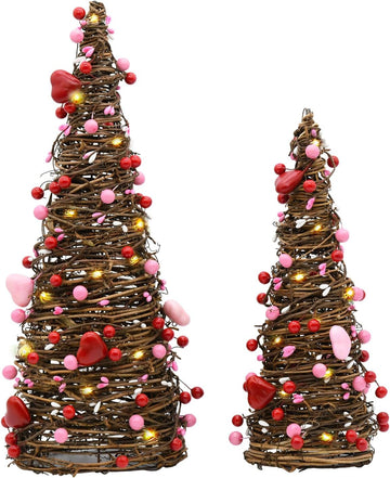 Valentines Day Rattan Table Tree Decor,Lighted Valentines Day Decorations - Set of 2