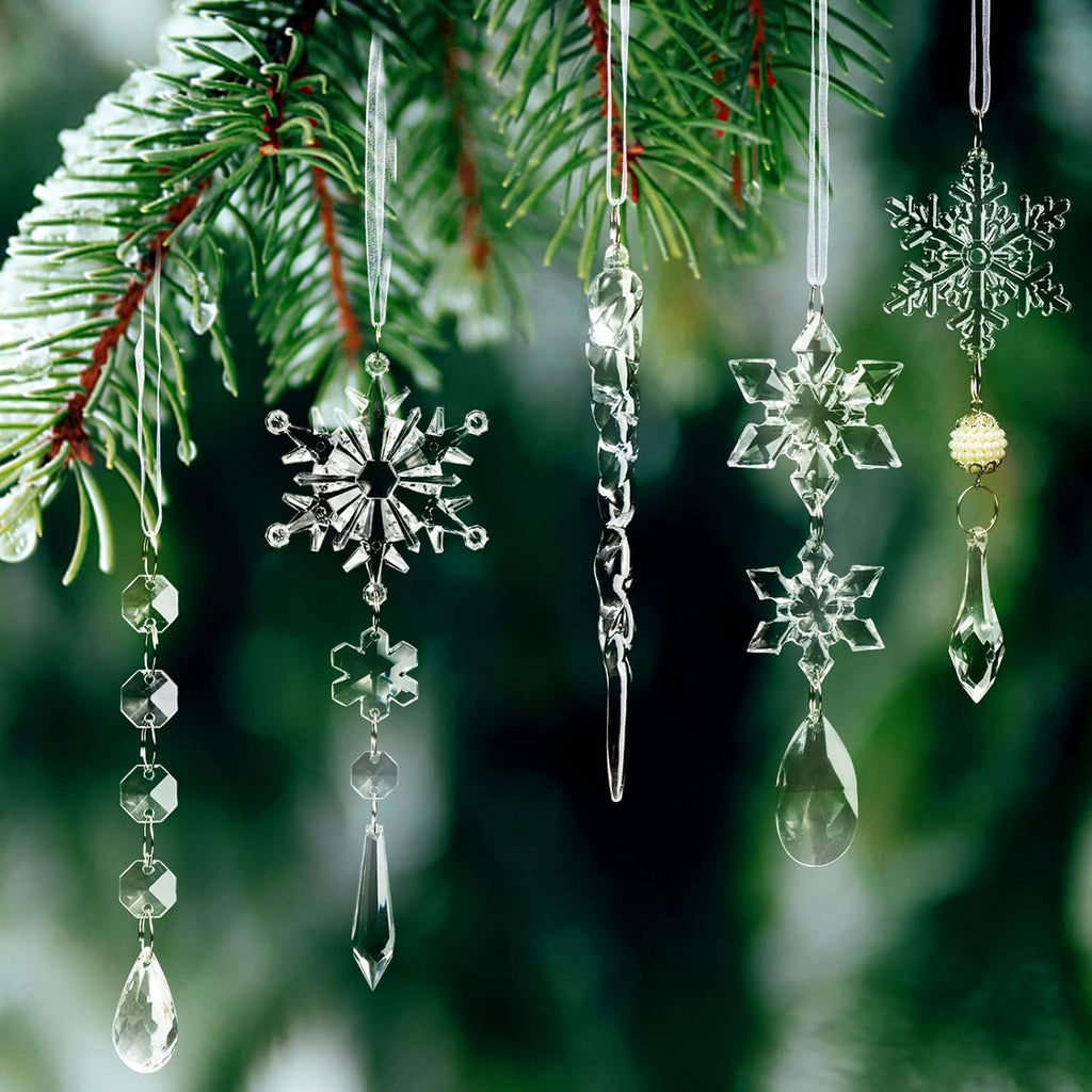 Crystal Christmas Tree Ornaments, Clear Acrylic Snowflake & Icicle - Set of 18