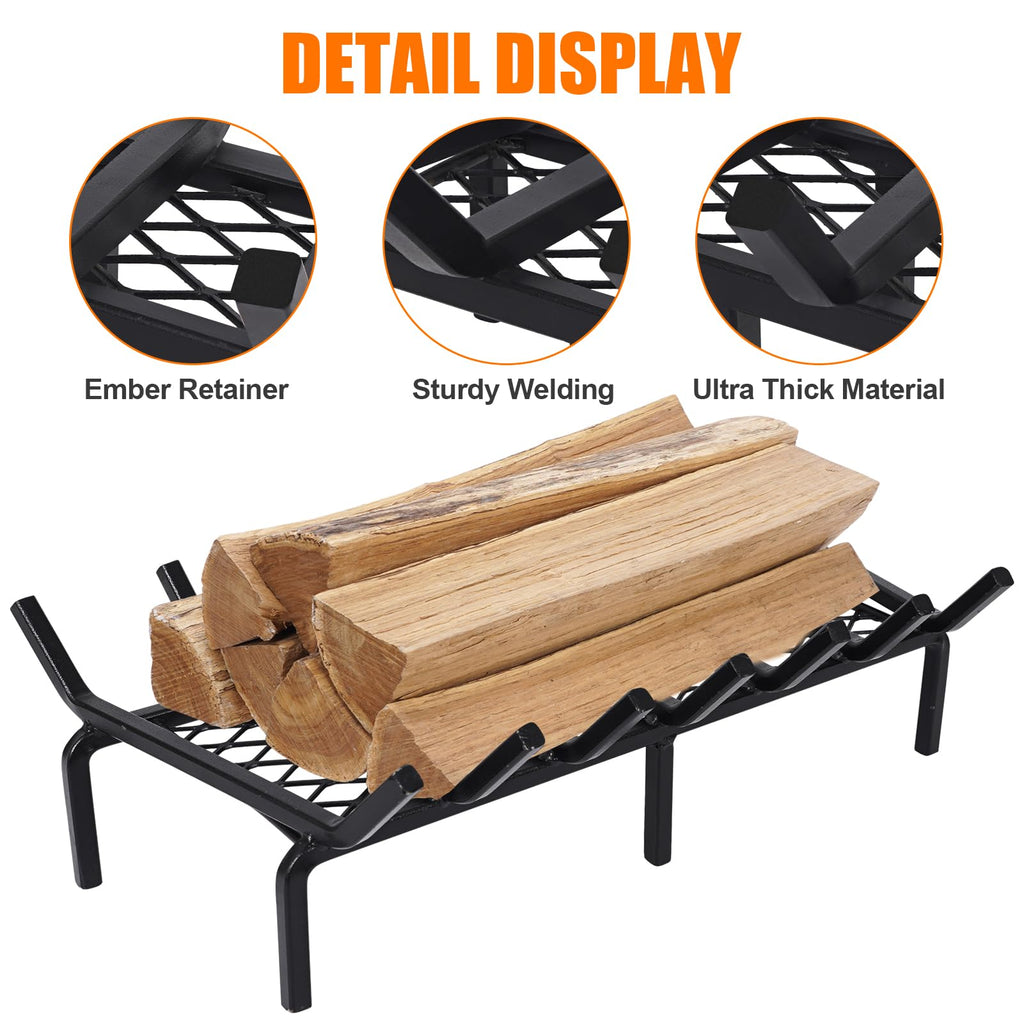 24 Inch Fireplace Grate with Ember Retainer, Cast Iron Fireplace Log Grate, Fireplace Log Holder, Heavy Duty Solid Steel
