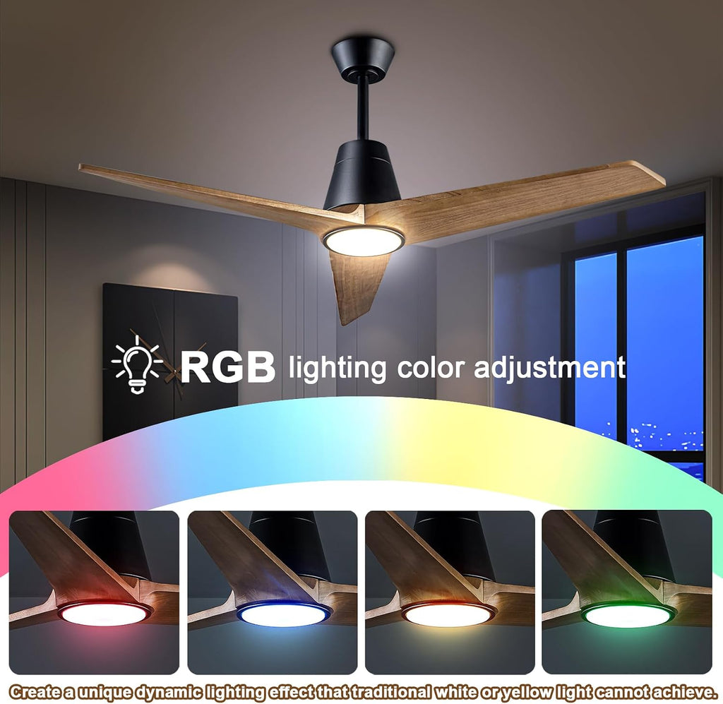 52'' Solid Wood 3 Blades Ceiling Fan RGB Light DC Reversible Remote Control