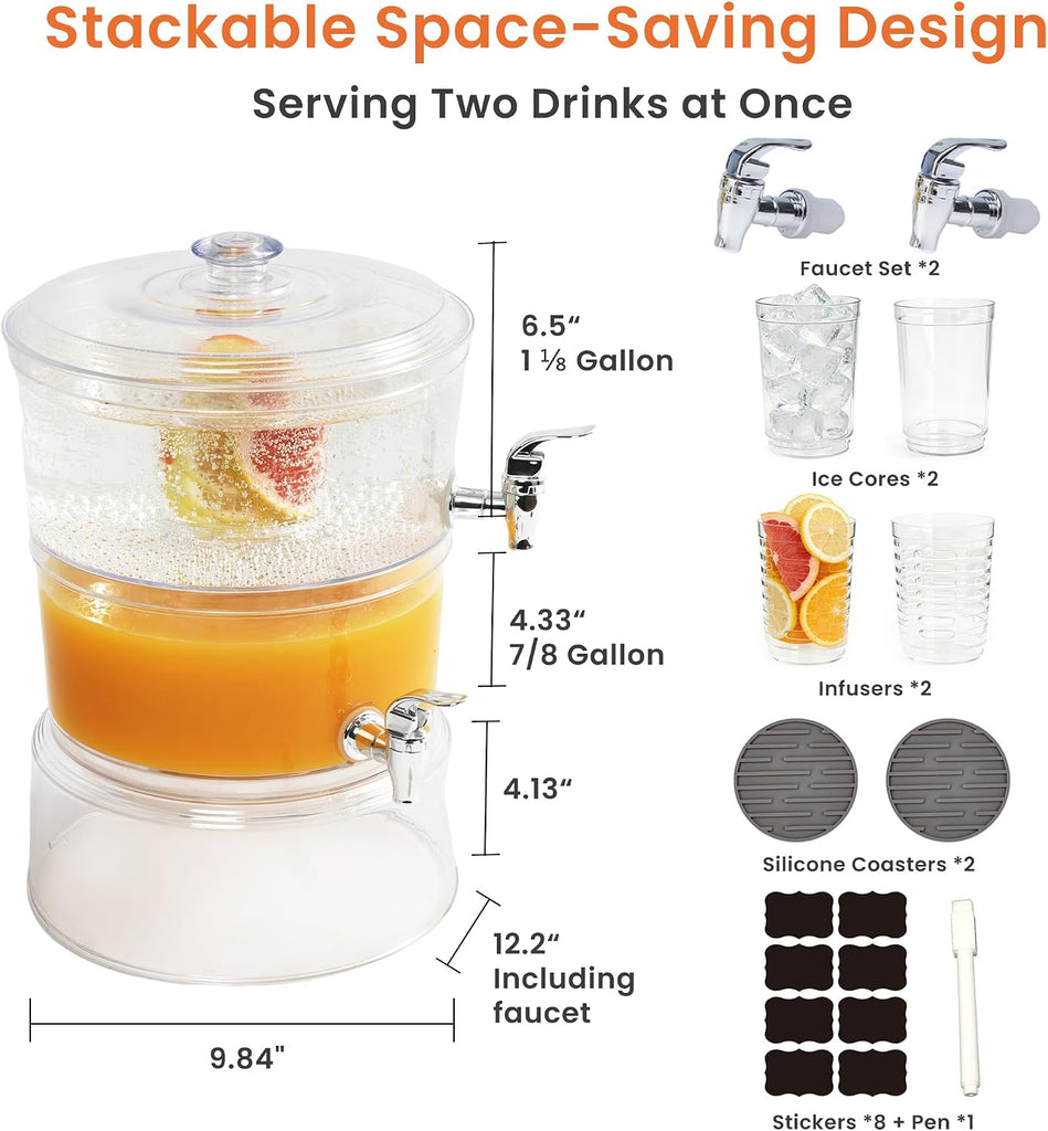 Drink Dispensers for Parties, 2 Gallon Beverage Dispenser with Stand - Set of 2