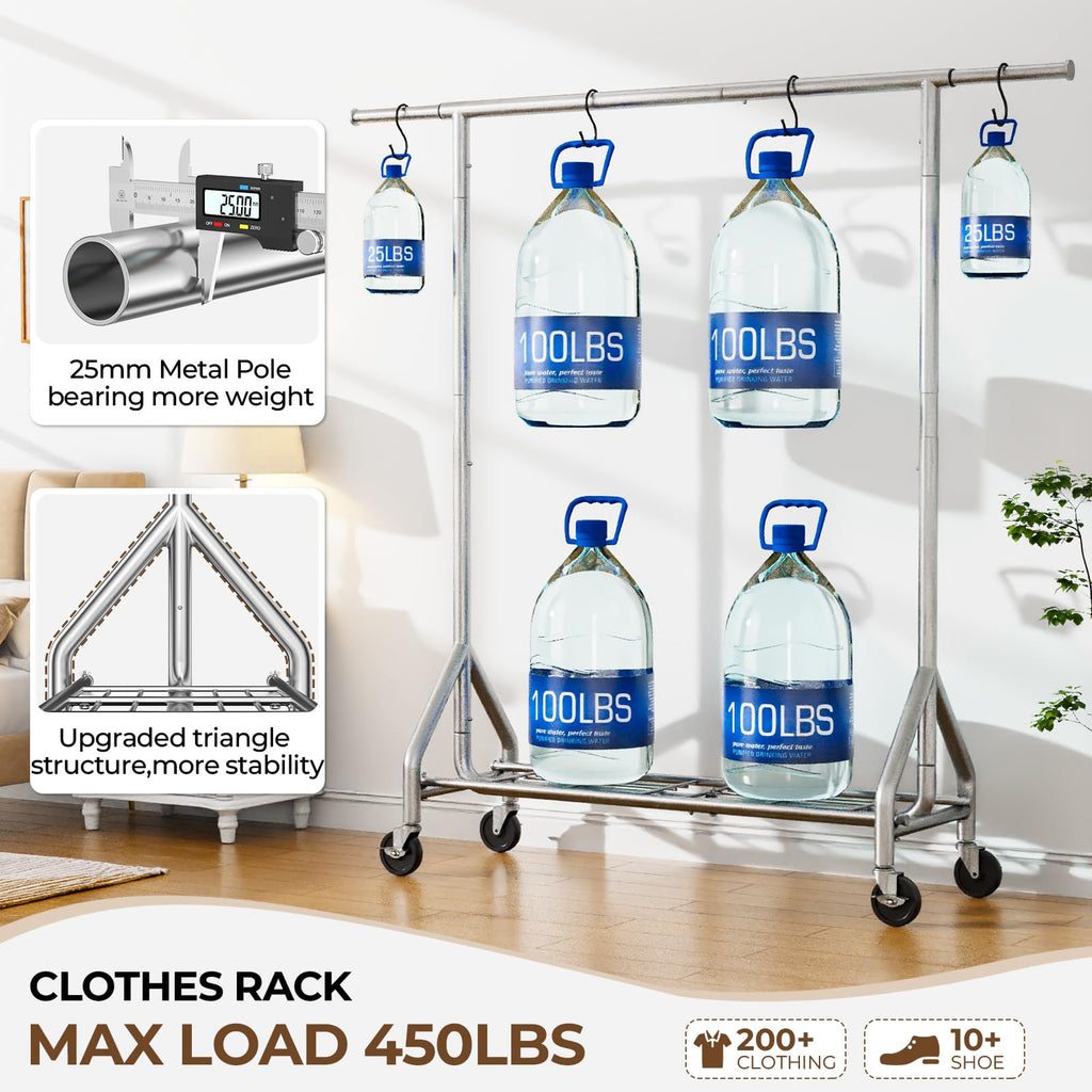 Heavy Duty Clothes Rack Load 450 LBS, Garment Rack, Standing Rolling Clothing Rack for Hanging Clothes with Sturdy