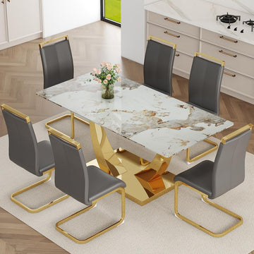 Faux Marble Dining Table Set for 6, 71" Dining Room Table Set for 6