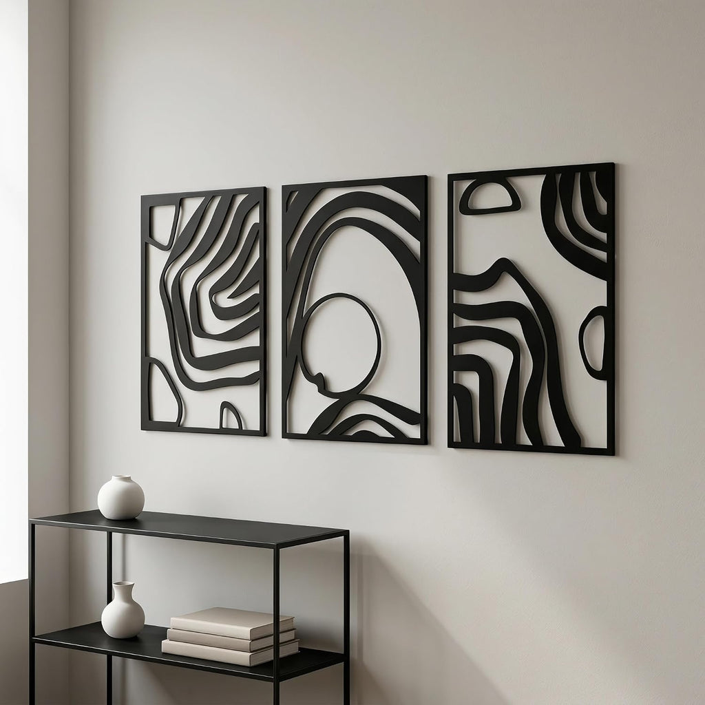 Black Metal Abstract Curve Hollow Wall Sculpture Decor Set - Set of 3