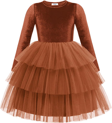 Toddler Velvet Dress Tiered Tulle Fall Party Long Sleeve Dresses