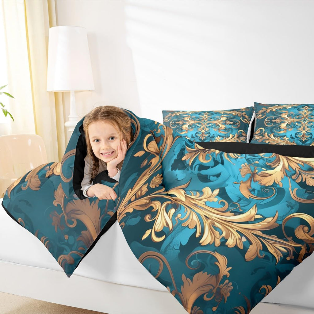 Hippie Damask Print Bedding Set Full Size, Flowers Vintage Fashion Comforter Set for Women Men Adults, Exotic Aztec
