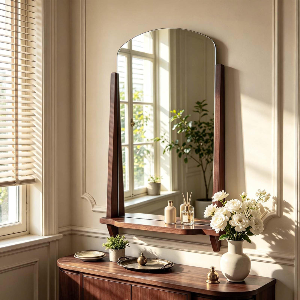 Arched Wall Mirror with Shelf, 24" x 37.4" Solid Wood Frame Bathroom Mirror, Walnut Brown Farmhouse Decorative Mirror