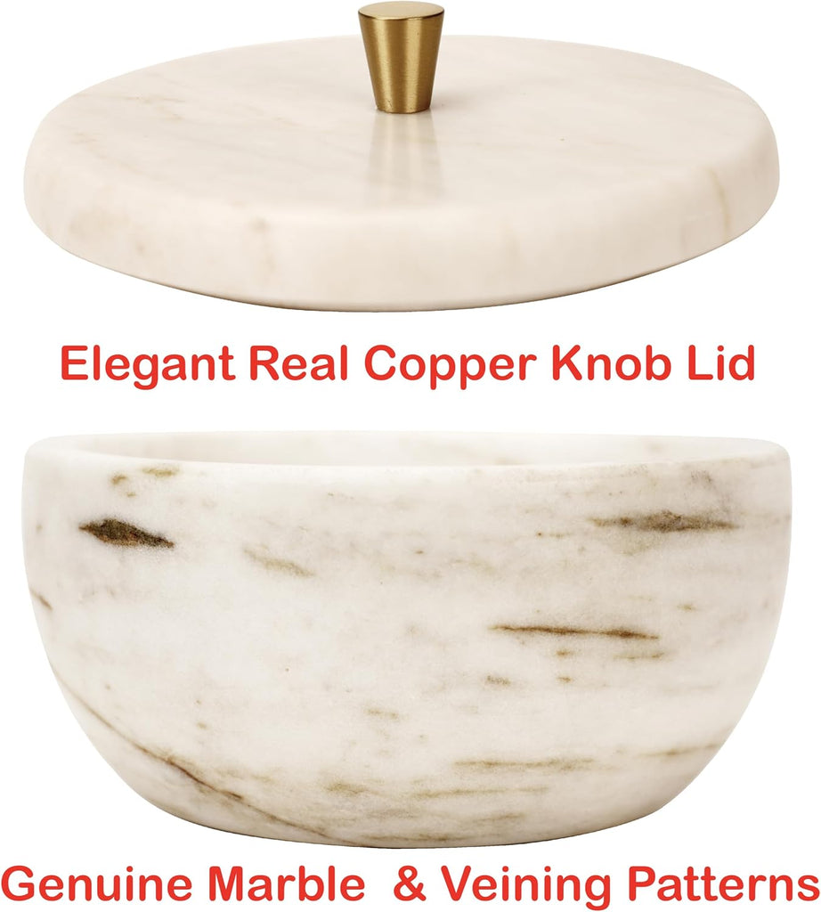 White Marble Storage Box with Copper Knob - Round Decorative Organizer for Jewelry, Trinkets, Bathroom or Office