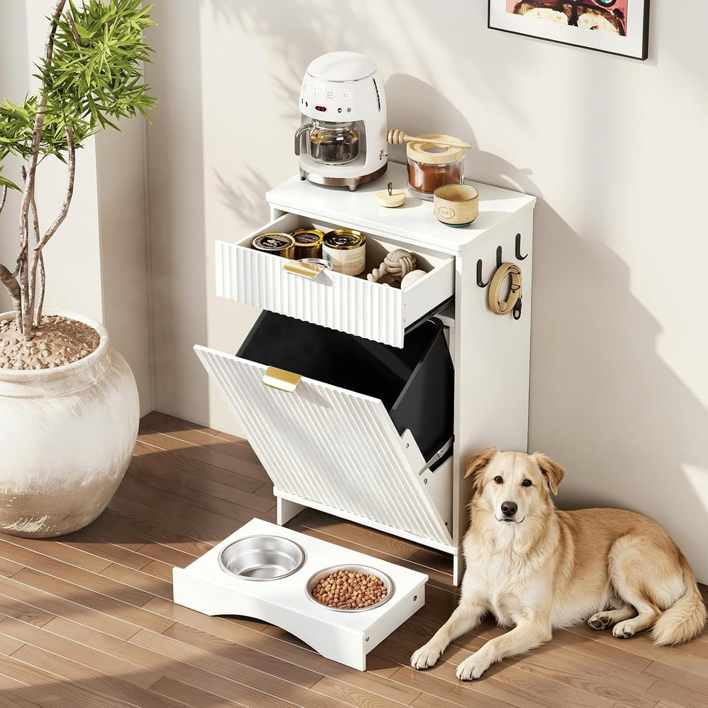 Tilt-Out Trash Cabinet with Dog Feeding Station, Pet Food Storage, White