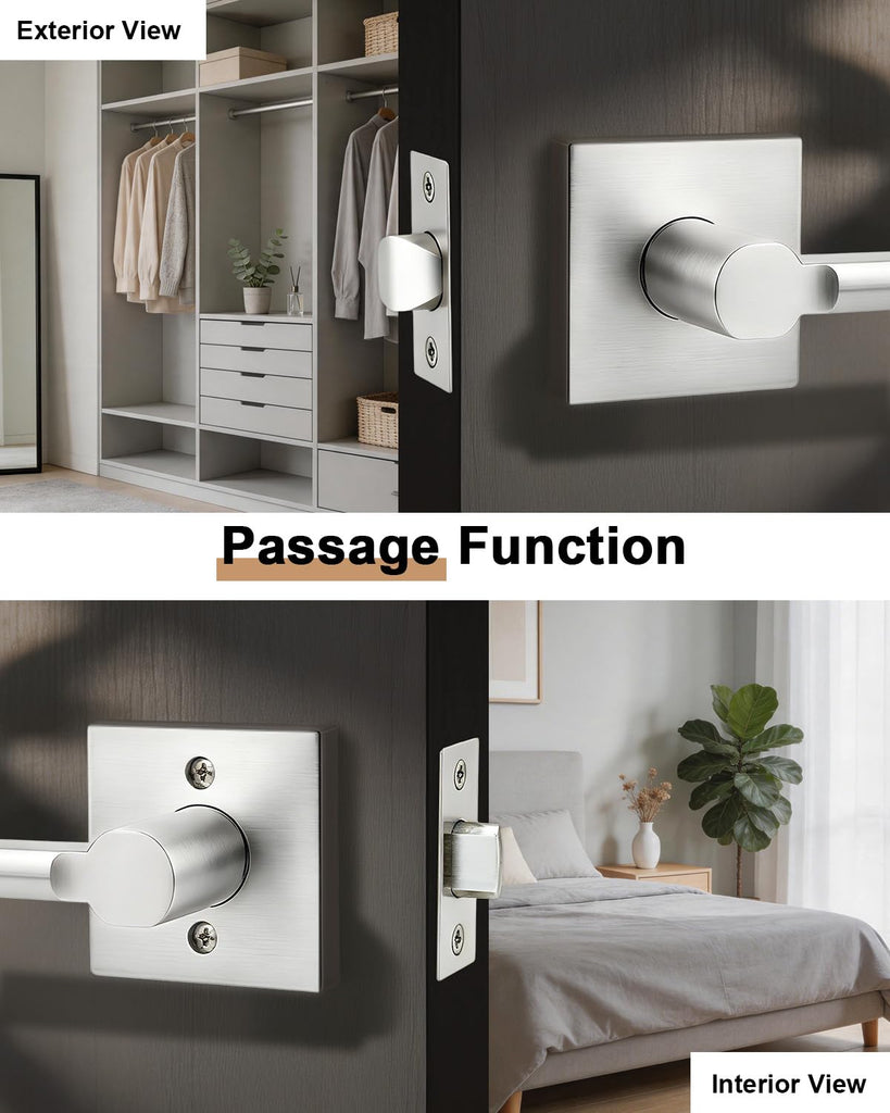 Interior Passage Door Handle, 2 Pack Brushed Nickel Square Non-Locking Lever, Heavy Duty Reversible for Closet and