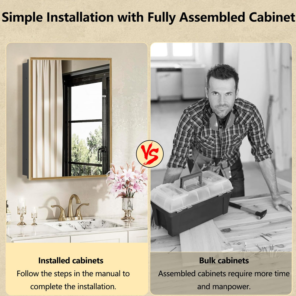 Bathroom Medicine Cabinet with Mirror, Recess or Surface Mount, Single Door Cabinet Famerhouse Bathroom Mirror with