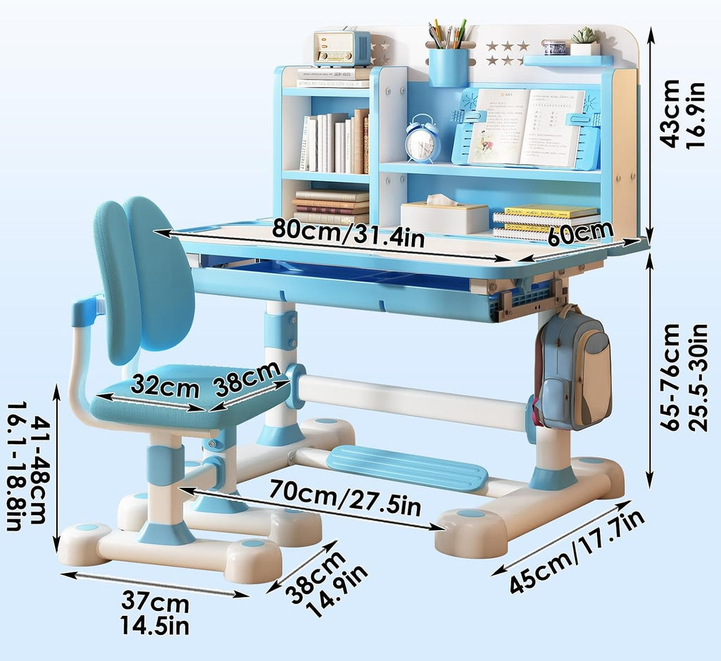 Kids Desk and Chair Set, Height Adjustable Study Table with Tilt Desktop