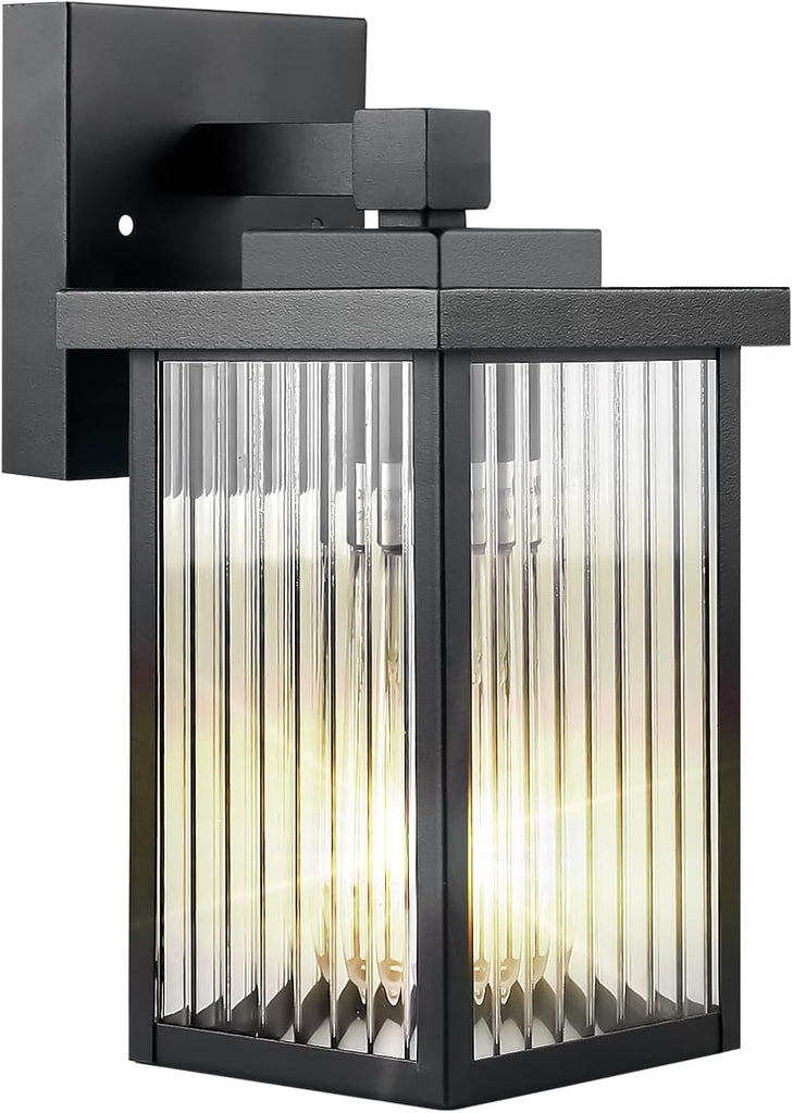 Outdoor Wall Lights for House Exterior - IP65 Waterproof Porch Lights with Textured Glass & Matte Black Metal