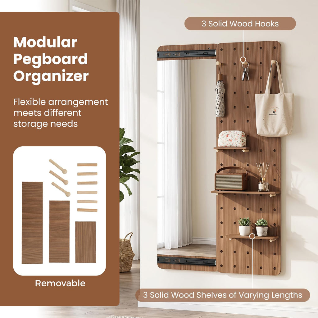 Full Length Mirror with A Pegboard, Shelf & Hooks for Storage,Walnut
