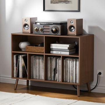 Record Player Stand with Vinyl Storage Cabinet, Wood Turntable Table Open Shelf Holder Up to 350 Albums Cube Storage