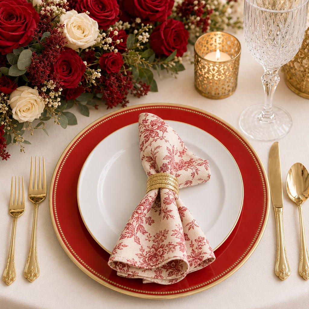 12PCS Red Beaded Charger Plates w/Gold Rim- 13in Heavy Duty Chargers for Dinner Plates-Round Plastic Plate Chargers