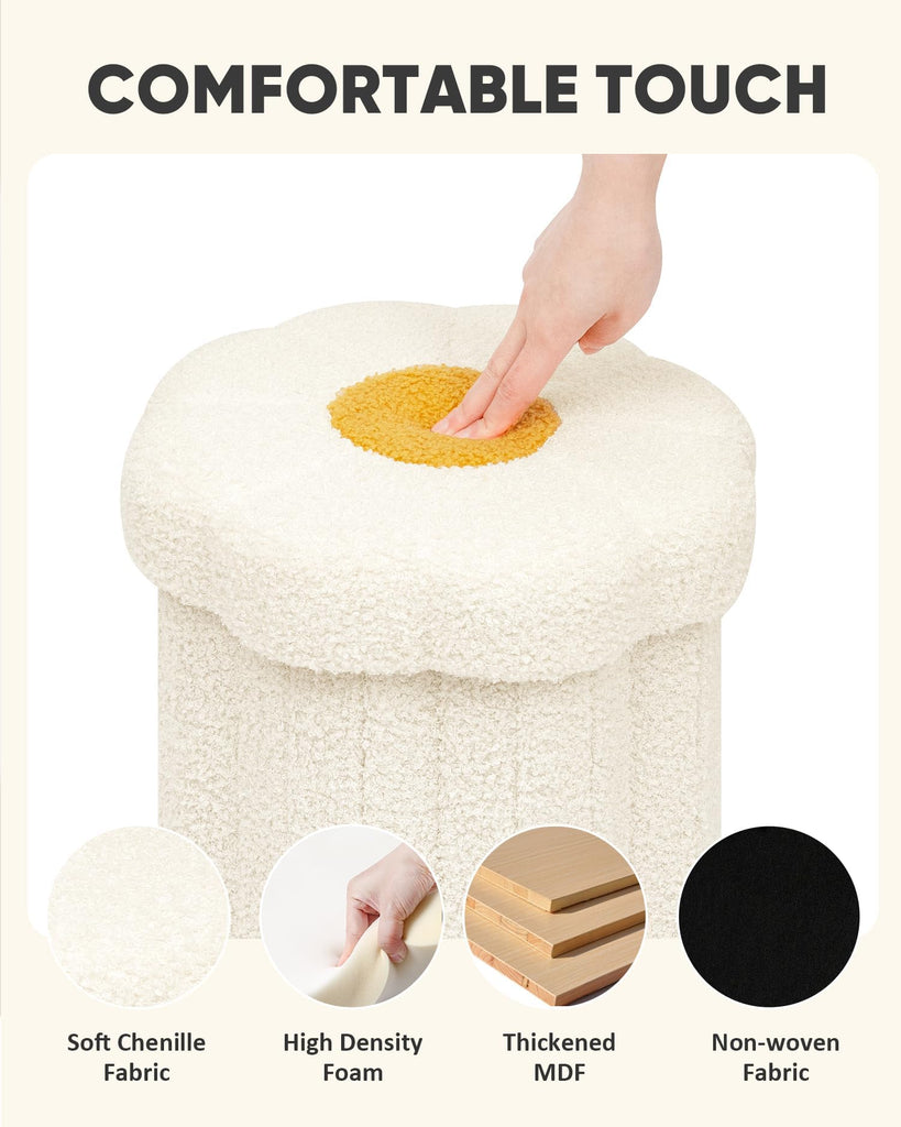 Folding Storage Ottoman, Cream Boucle Daisy Footstool