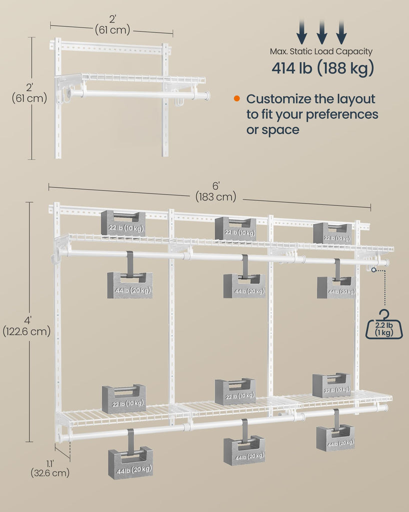 Closet System, Closet Insert Organizer, 4-8 ft Closet Shelves