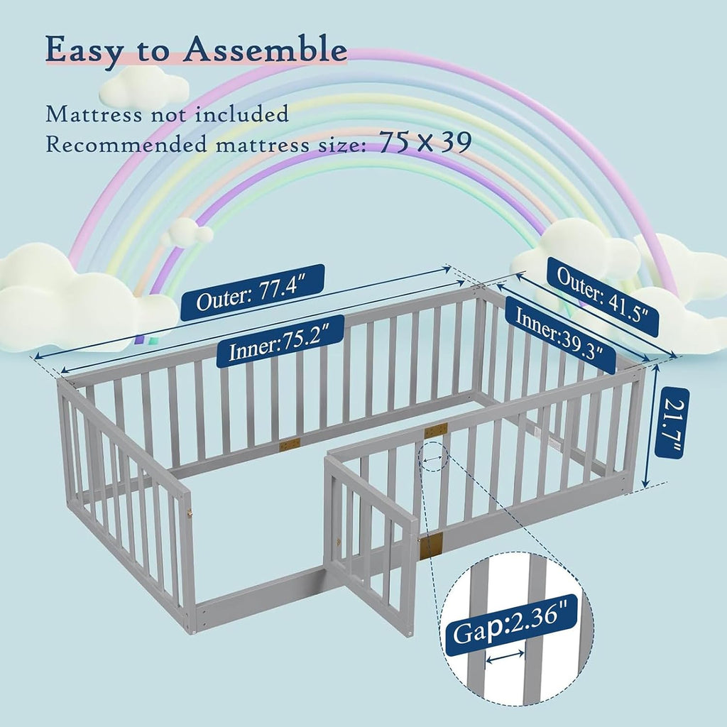Twin Montessori Floor Bed with High Rails, Solid Wood Montessori Bed Frame for Kids, Door Can Install Left and Right