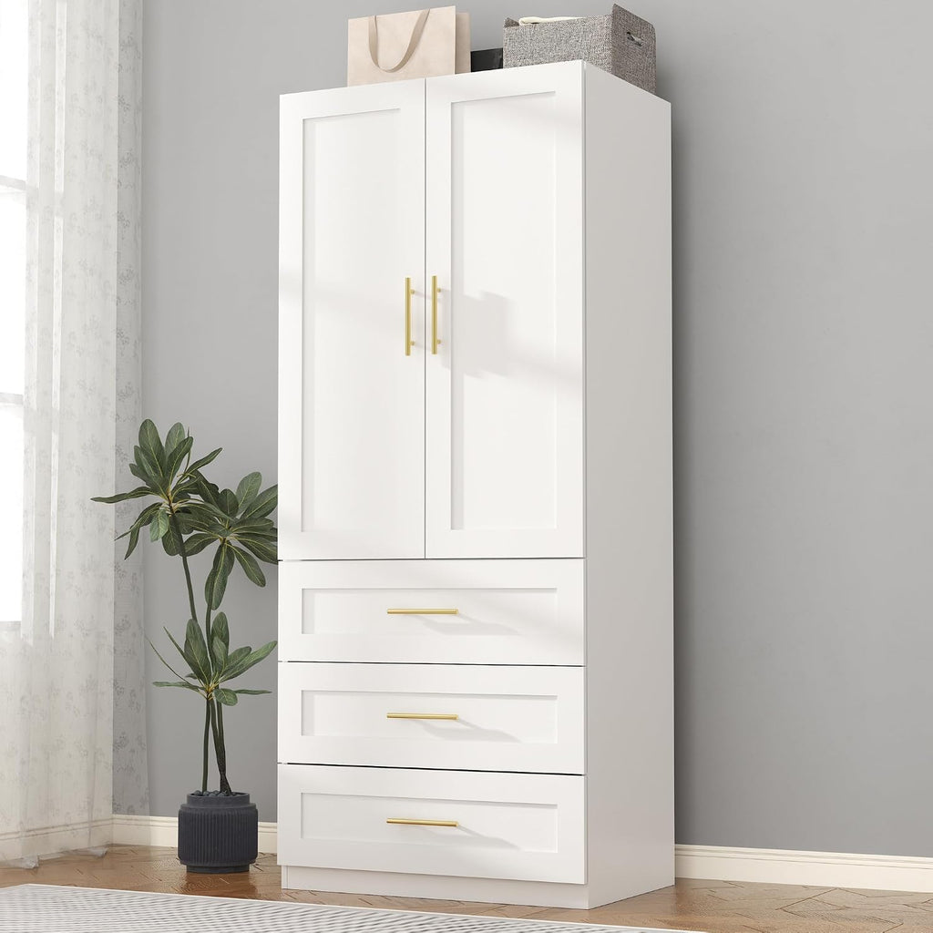 White Armoire Wardrobe Closet: 75" Large Wardrobe Closet with 3 Drawers, Bedroom Armoires with 2 Doors, Wooden Tall