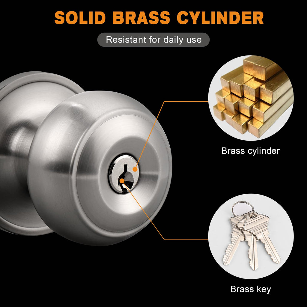 Keyed Alike Door Knobs with Lock and Key, Exterior Door Locks, Flat Ball Knob Style, Brushed Nickel, 5 Pack
