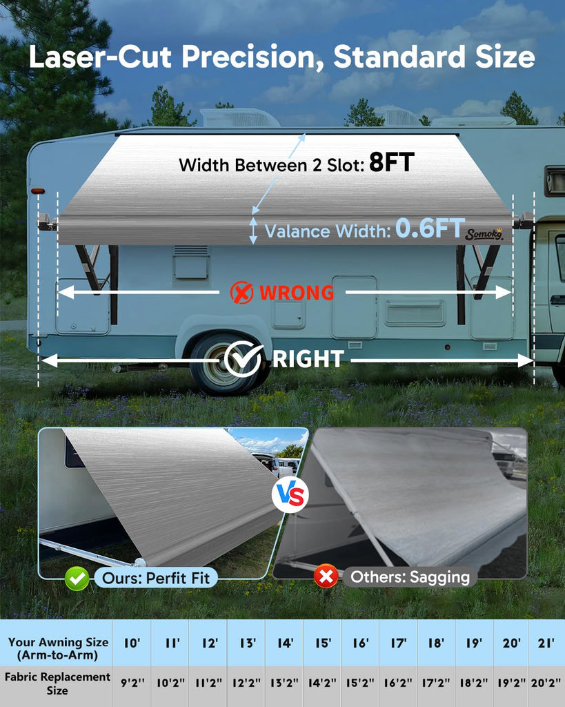 RV Awning Fabric Replacement, 19.5oz Heavy-Duty Vinyl Camper Awning, Heat-Sealed Seamless, DIY Setup, UPF 50+