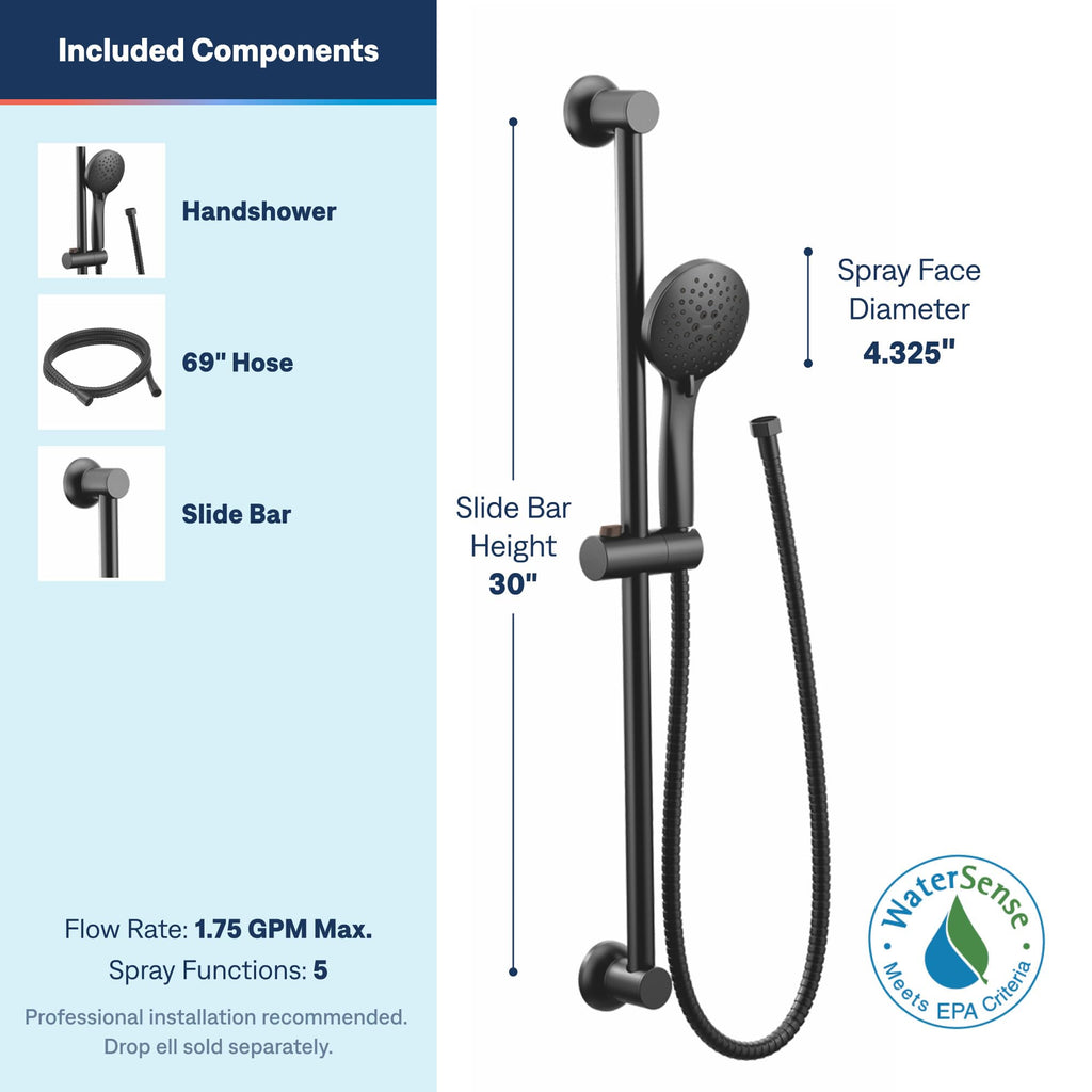 Eco Performance 5 Funtion Handheld Showerhead, 30 Inch Slide Bar and 69 Inch Hose, 3558EPBL